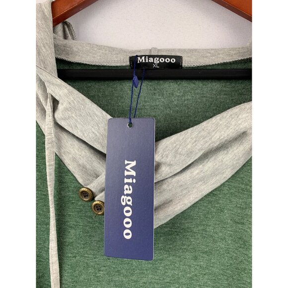 Miagooo XL Green & Gray Hooded Long Sleeve Top With Buttons & Pocket For Women - Picture 4 of 6
